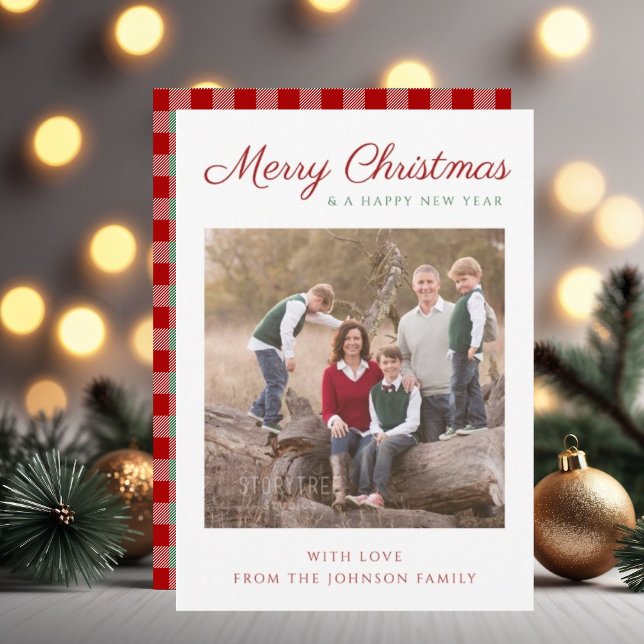 Cartes Pour Fêtes Annuelles Élégant Script Red Green Plaid Photo de Noël (Elegant Script Red Green Plaid Christmas Photo Holiday Card)