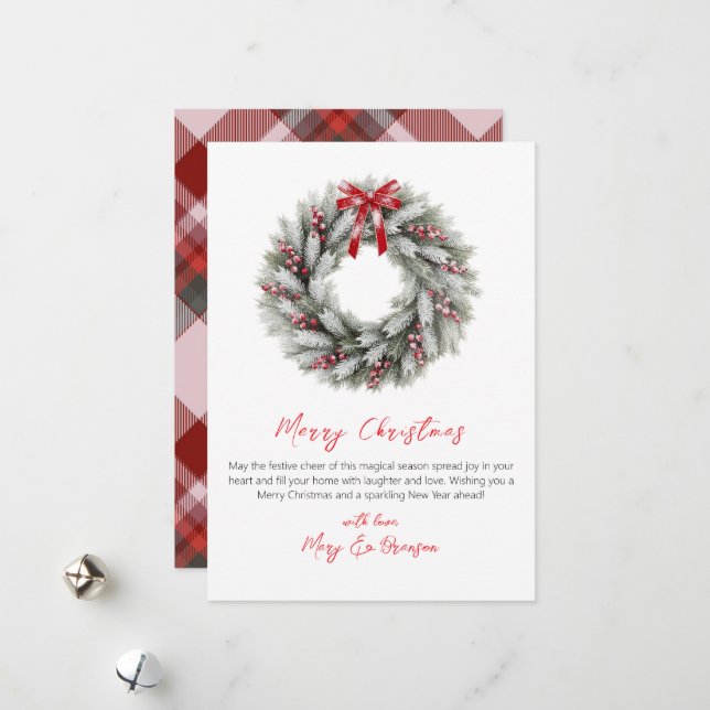 Cartes Pour Fêtes Annuelles Elegant Script Red Plaid Non Photo Christmas (Devant/Arrière en situation)