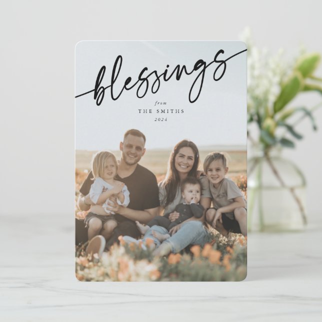 Cartes Pour Fêtes Annuelles Élégant script typographique noir "Bénédictions" (Debout devant)