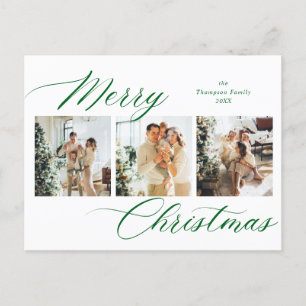 Cartes Pour Fêtes Annuelles Élégant Script vert Joyeux Collage photo de Noël