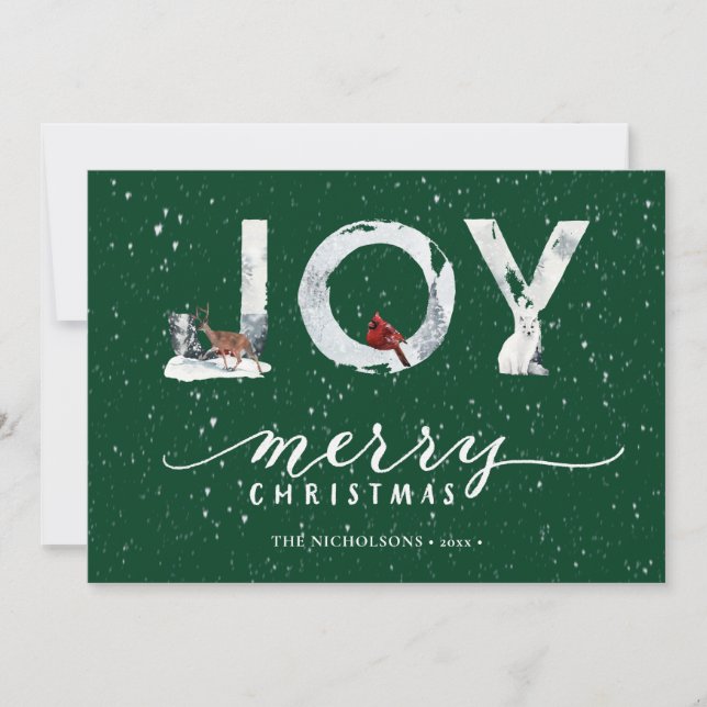 Cartes Pour Fêtes Annuelles Élégant script vert moderne JOIE Blanche Neige Ove (Devant)