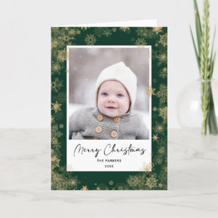 Cartes Pour Fêtes Annuelles Élégant script vert moderne Snowflakes Bokeh