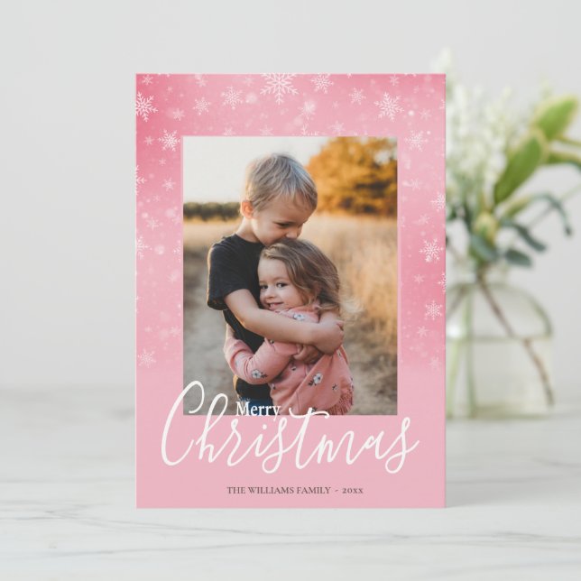 Cartes Pour Fêtes Annuelles Élégant simple neige rose joyeux photo de Noël (Debout devant)