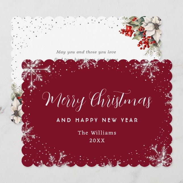 Cartes Pour Fêtes Annuelles Elegant Snowflake Red Botanical (Devant / Derrière)