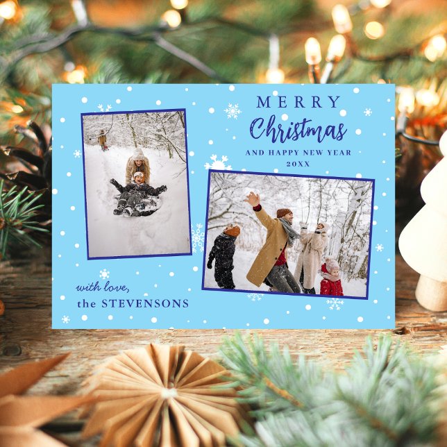 Cartes Pour Fêtes Annuelles Élégant Snowflakes 2 Photo Bleu Joyeux Noël (Créateur téléchargé)