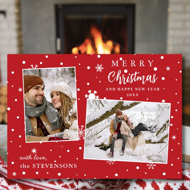 Cartes Pour Fêtes Annuelles Elegant Snowflakes 2 Photo Red Merry Christmas  (Créateur téléchargé)