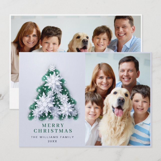 Cartes Pour Fêtes Annuelles Élégant Snowflakes Noël Arbre Salutation 2 PHOTO (Devant / Derrière)