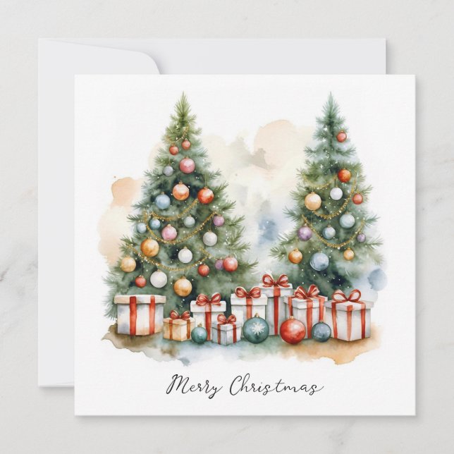 Cartes Pour Fêtes Annuelles Elégant stylé rustique Aquarelle Arbre de Noël (Devant)