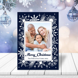 Cartes Pour Fêtes Annuelles Élégant Stylish Navy Snowflake Family Photo