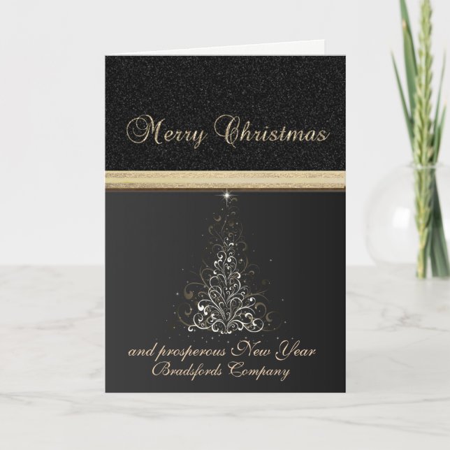 Cartes Pour Fêtes Annuelles Elégant tendance Noir, Arbre de Noël, Entreprise (Devant)
