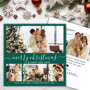 Cartes Pour Fêtes Annuelles Elégant Vert et Blanc 4 Photo Collage Noël