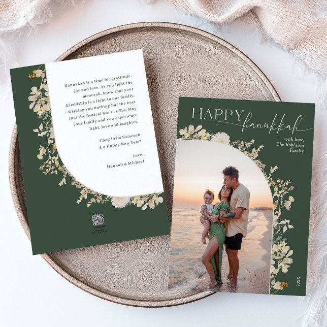 Cartes Pour Fêtes Annuelles Elégant Vert or Floral Happy Hanoukka (Créateur téléchargé)