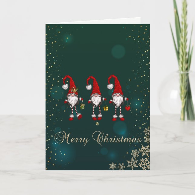 Cartes Pour Fêtes Annuelles Élégant Vert, Rouge Gnomes Snowflakes vacances (Devant)