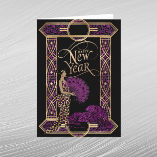 Cartes Pour Fêtes Annuelles Elégant violet or Léopard Art Déco Lady Nouvel An