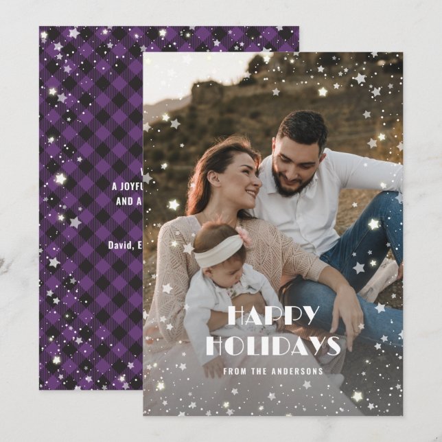 Cartes Pour Fêtes Annuelles Élégant violet Starry Buffalo Plaid Photo (Devant / Derrière)