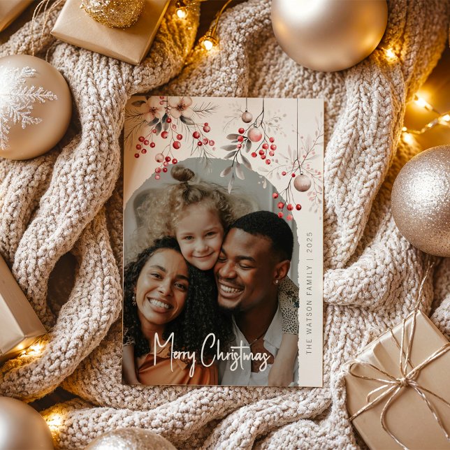 Cartes Pour Fêtes Annuelles Elegant Winter Berries & Florals Photo Christmas (Créateur téléchargé)