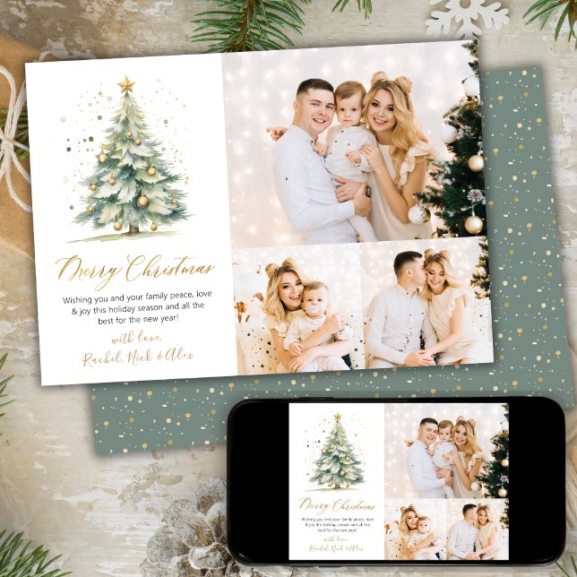Cartes Pour Fêtes Annuelles Elégante aquarelle Arbre de Noël 3 photos multiple (Créateur téléchargé)