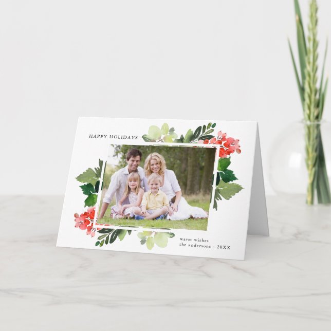 Cartes Pour Fêtes Annuelles Elégante aquarelle Berries Cadre vert Photo (Devant)