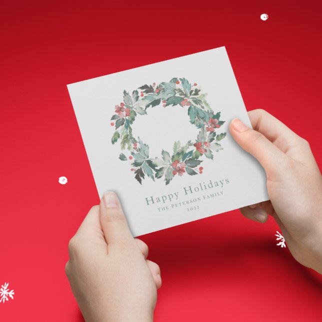 Cartes Pour Fêtes Annuelles Elégante aquarelle Berry d'hiver Verdure couronne (Créateur téléchargé)