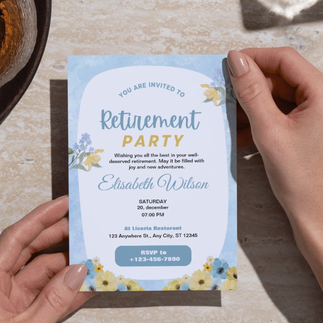 Cartes Pour Fêtes Annuelles Elégante aquarelle bleu et jaune Retraite florale (Elegant Blue & Yellow Watercolor Floral Retirement Party Invitation Template)