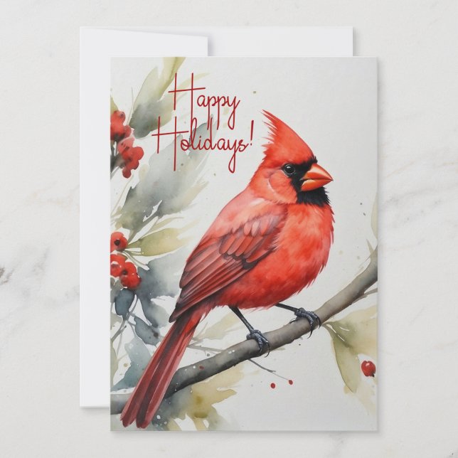 Cartes Pour Fêtes Annuelles Elégante aquarelle Cardinal Rouge Holly Noël (Devant)
