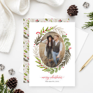 Cartes Pour Fêtes Annuelles Elégante aquarelle de Noël Verdure Photo ovale