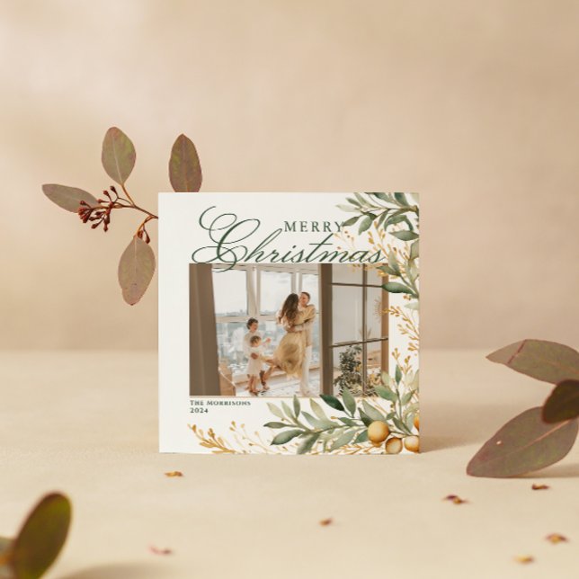 Cartes Pour Fêtes Annuelles Elégante aquarelle de Noël Verdure Photo personnal (Créateur téléchargé)