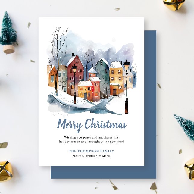 Cartes Pour Fêtes Annuelles Elégante Aquarelle d'hiver Maisons Bleu Noël (Créateur téléchargé)