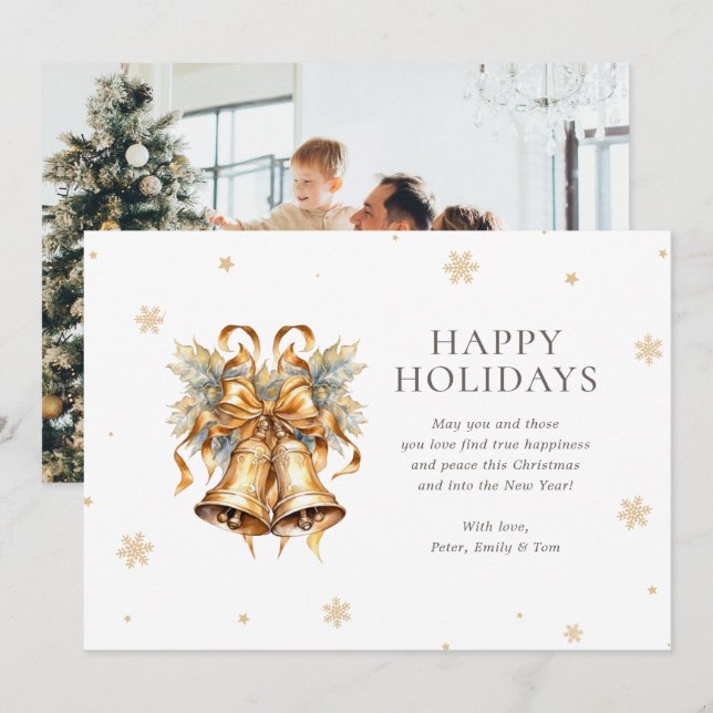 Cartes Pour Fêtes Annuelles Elégante aquarelle Gold cloches Snowflake Photo (Devant / Derrière)