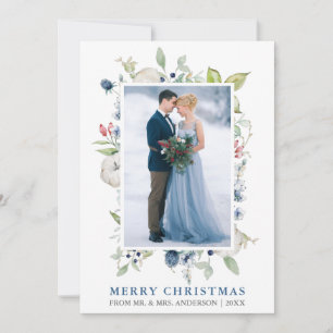 Cartes Pour Fêtes Annuelles Elégante aquarelle Hiver Bleu Floral Nouveau marié