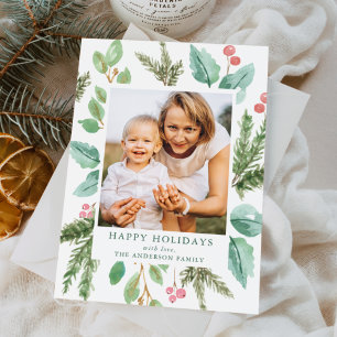 Cartes Pour Fêtes Annuelles Elégante aquarelle Holly Berries & Green Photo