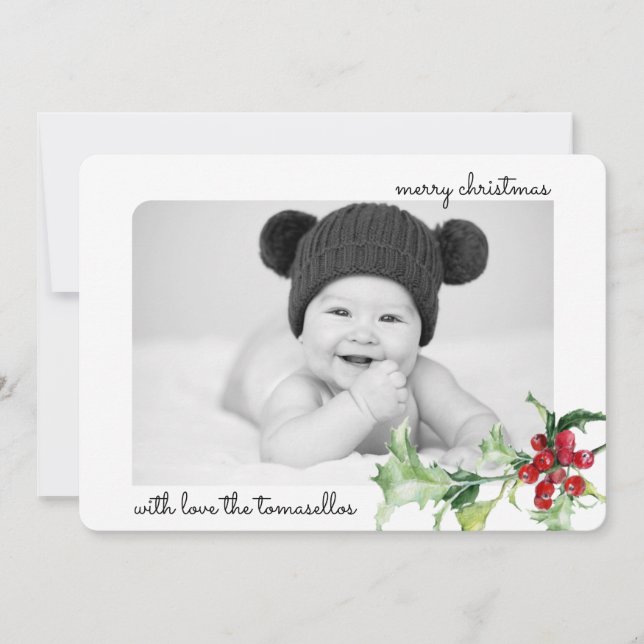 Cartes Pour Fêtes Annuelles Elégante aquarelle Holly Berries Script Photo (Devant)
