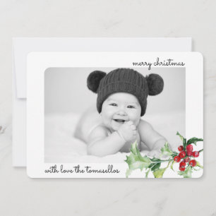 Cartes Pour Fêtes Annuelles Elégante aquarelle Holly Berries Script Photo