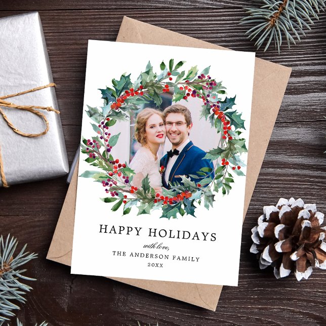Cartes Pour Fêtes Annuelles Elégante aquarelle Holly Berry Wreath Photo (Créateur téléchargé)