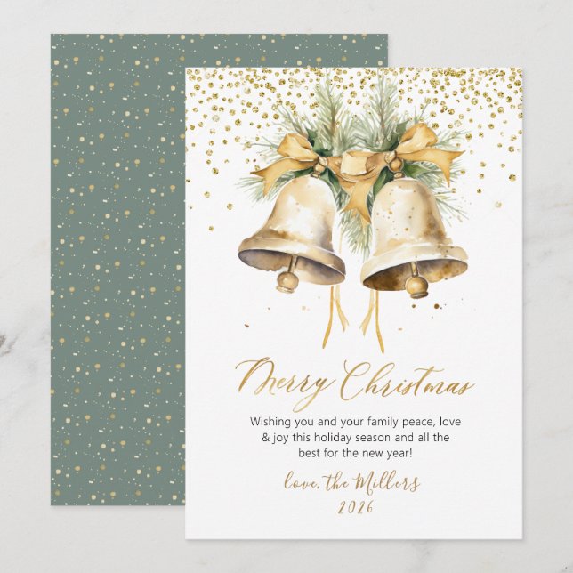 Cartes Pour Fêtes Annuelles Elégante aquarelle Noël cloches Parties scintillan (Devant / Derrière)
