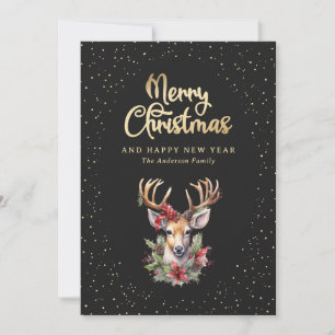 Cartes Pour Fêtes Annuelles Elégante Aquarelle Noir Or Cerf Neige