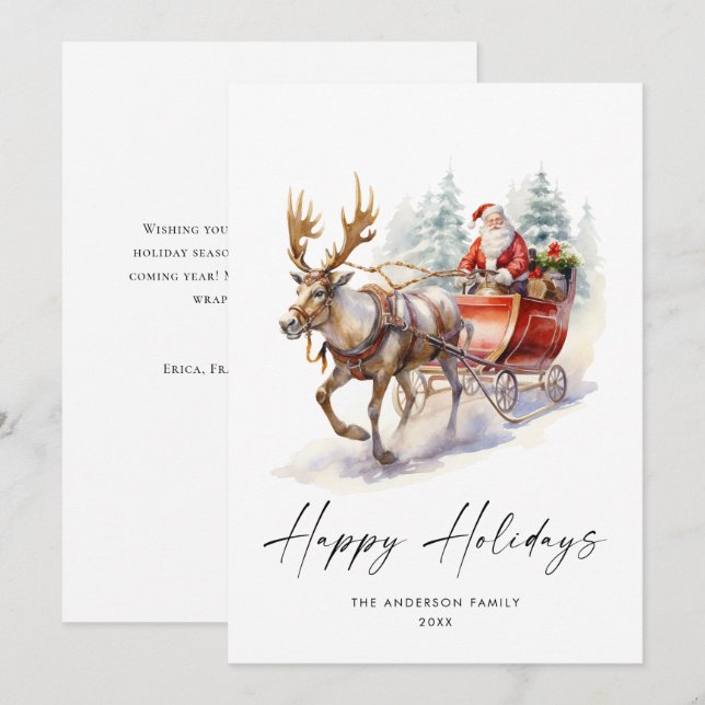 Cartes Pour Fêtes Annuelles Elégante aquarelle Père Noël Cerf de Noël (Devant / Derrière)