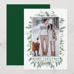 Cartes Pour Fêtes Annuelles Elégante aquarelle Pine Frame Green Photo