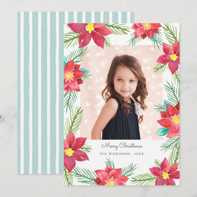 Cartes Pour Fêtes Annuelles Elégante aquarelle Poinsettias Photo de Noël (Devant / Derrière)