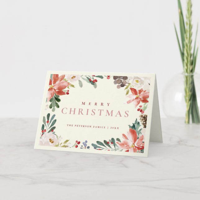 Cartes Pour Fêtes Annuelles Elégante aquarelle Rouge Berry Poinsettia Non Phot (Devant)
