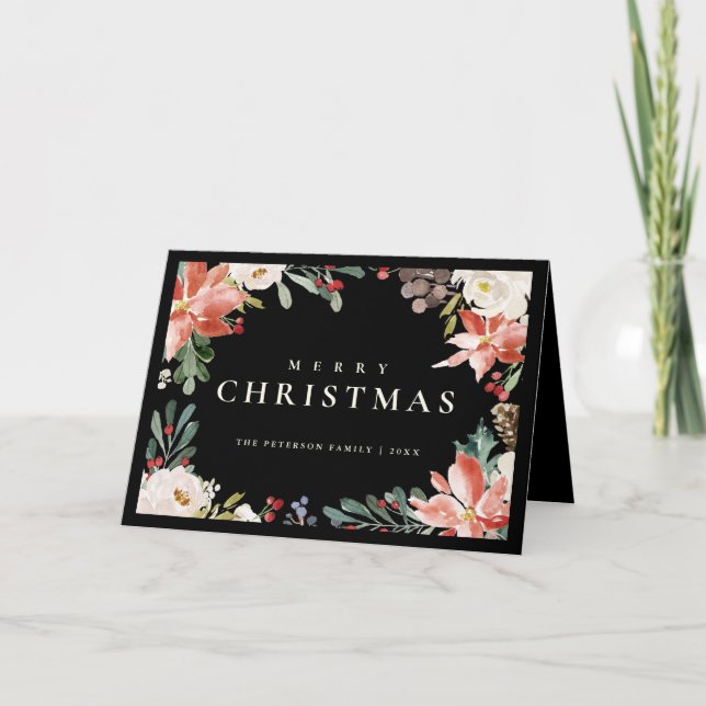 Cartes Pour Fêtes Annuelles Elégante aquarelle Rouge Berry Poinsettia Non Phot (Devant)