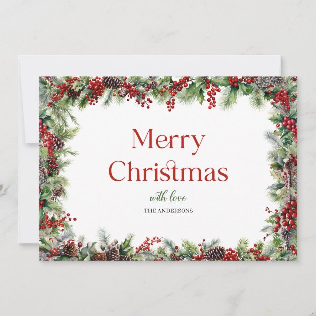 Cartes Pour Fêtes Annuelles Elégante aquarelle rouge houx baies et verdure (Devant)
