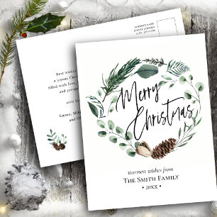 Cartes Pour Fêtes Annuelles Elégante aquarelle vert Pine Cône Foliage Wreath