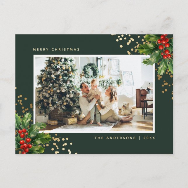 Cartes Pour Fêtes Annuelles Elégante Aquarelle Verte Or Holly Photo (Devant)