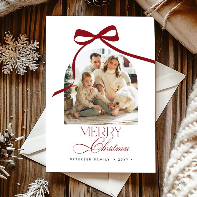 Cartes Pour Fêtes Annuelles Elégante arc rouge photo Joyeux Noël (Créateur téléchargé)
