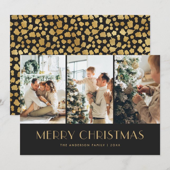 Cartes Pour Fêtes Annuelles Elégante Black and Gold Foil Stars Photo Noël (Devant / Derrière)