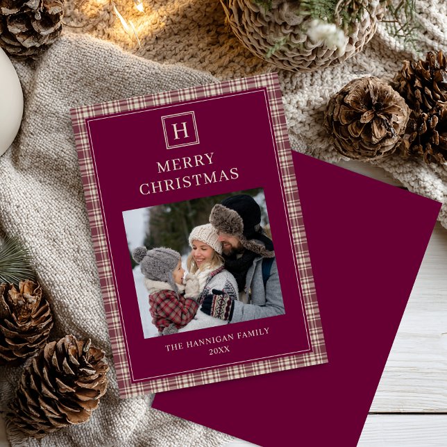 Cartes Pour Fêtes Annuelles Élégante Bourgogne Plaid Joyeux Noël Famille (Créateur téléchargé)