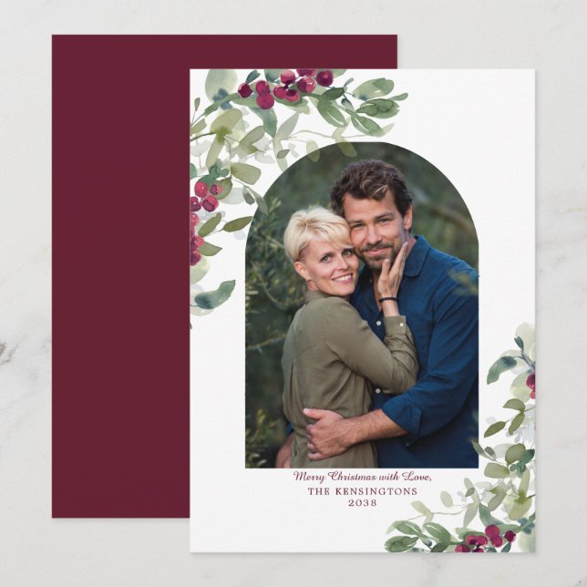 Cartes Pour Fêtes Annuelles Élégante Bourgogne verdure Arc de Noël Photo (Devant / Derrière)