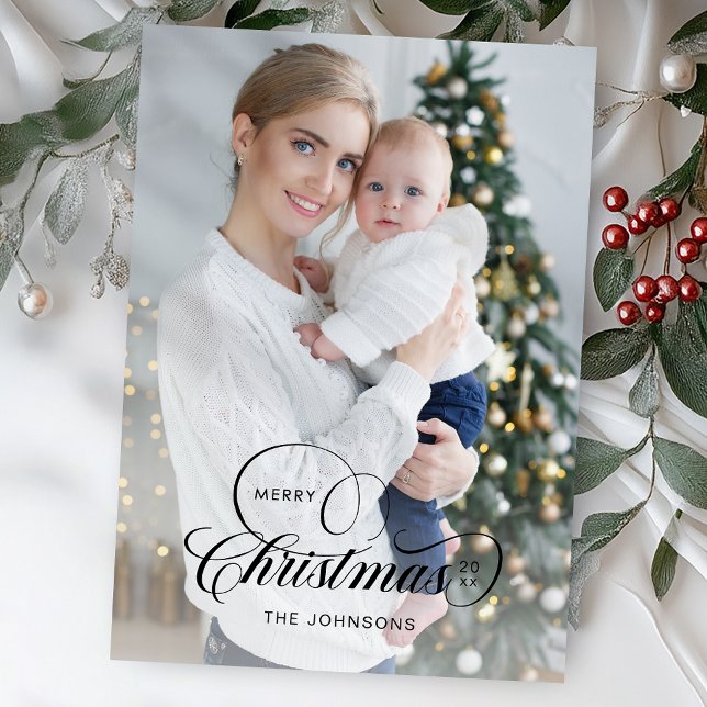 Cartes Pour Fêtes Annuelles Élégante calligraphie de Noël Joyeux 1-Photo (Créateur téléchargé)