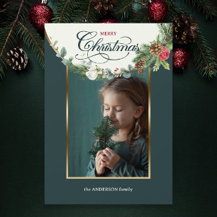 Cartes Pour Fêtes Annuelles Élégante Calligraphie de Noël Joyeux Floral Photo